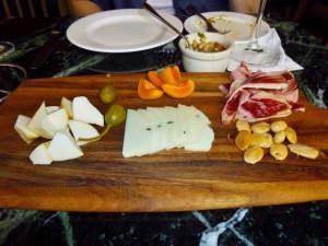Wonderful cheeses! Exotic fruits, meats, and nuts made up terrific appetizers!