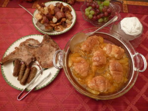 And eggs too! Stuffed Croissants with delicious peaches, incredible pork chops, taters with out of the garden Rosemary. 