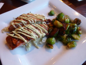 Salmon and sauteed Brussel,Sprouts at Swamper's Restaurant in the lobby area of the Marriott!