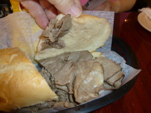 Real roast beef sandwich that stands on its own. On Gonnella French Bread steeped a bit in Au Jus! YUMMY!