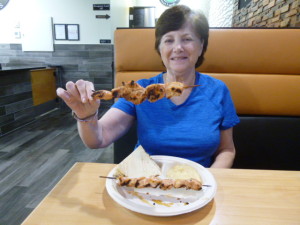 Barb and her order of chicken kabobs!