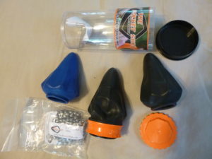 The six inch package comes with a bag of 100-steel balls, 3 pull-pocket shot rubber units, instructions, and shot bracket, bag holder. Included also are two more replacement units of different power pull strengths.