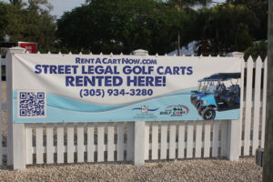 Banner street legal golf carts on the display